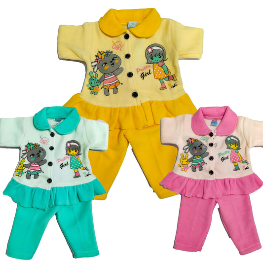 Set Of 3 Baby Girls Frock & Pajama Set | Yellow, Pink, Aqua Bleu | Extra 20% OFF